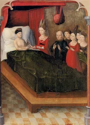 Weingartener Heilig-Blut-Tafel von 1489. Landesmuseum Württemberg, Stuttgart. Tafel 20: Bei seinem Tod vererbt Graf Balduin die Reliquie seiner Tochter Judith